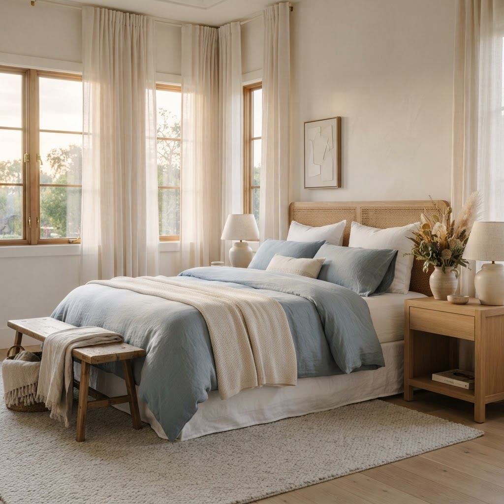 A serene bedroom styled with crisp white and dusty-blue CloudNest bedding